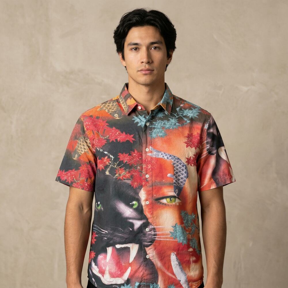 Ripndip Men’s Button Down Shirt Japanese Panther Koi Graphic Streetwear L